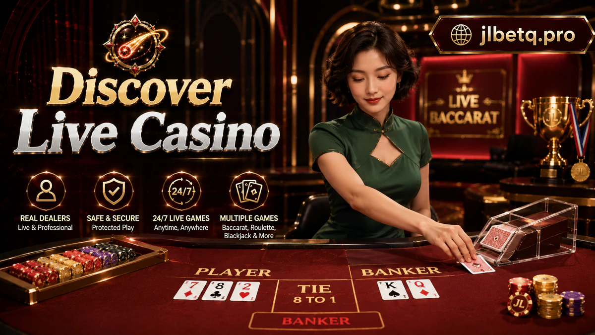 JLBET online casino live table with an orderly felt surface and prepared gaming objects